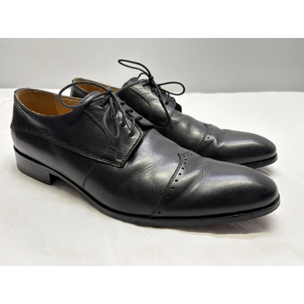 Paul Fredrick Black Leather Cap-Toe Derby Lace-Up Shoes